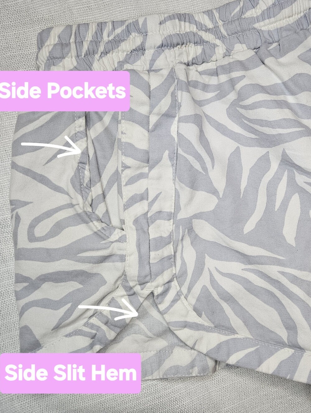 Billabong Zebra Print Pull On Beach Shorts Grey White Size Large EUC - Picture 7 of 11